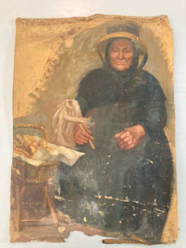 Peinture Huile Papier Portrait XIXe Femme Bretagne Art 1850 Painting Ancien Old