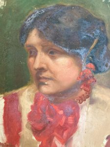 Peinture Huile Papier Portrait XIXe Femme Fleur Art 1880 A Identifier