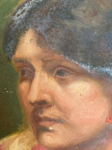 Peinture Huile Papier Portrait XIXe Femme Fleur Art 1880 A Identifier