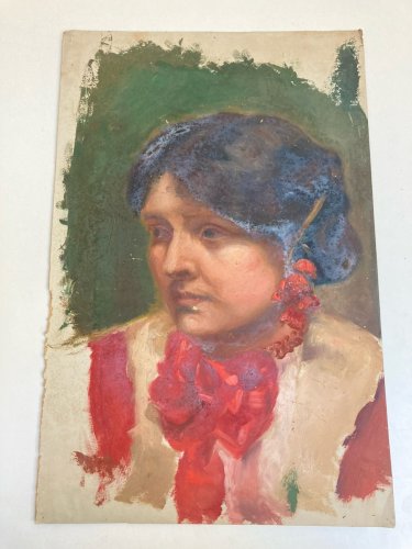 Peinture Huile Papier Portrait XIXe Femme Fleur Art 1880 A Identifier