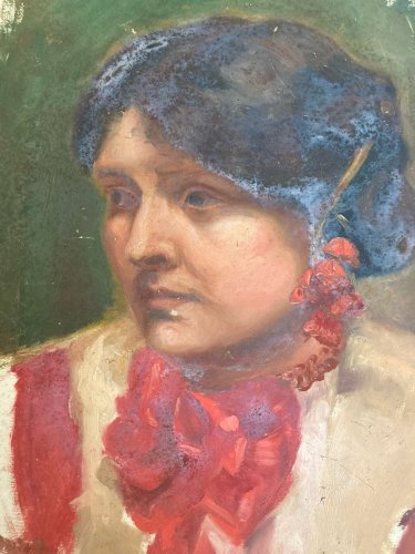 Peinture Huile Papier Portrait XIXe Femme Fleur Art 1880 A Identifier