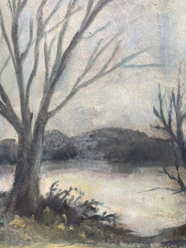 Peinture Huile Paysage Sur Carton Arbre Brume Hiver Elisabeth Ronget 1920