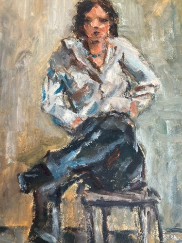 peinture Huile Portrait Femme Assis 1980 Art Tabouret Expressionnisme XXe