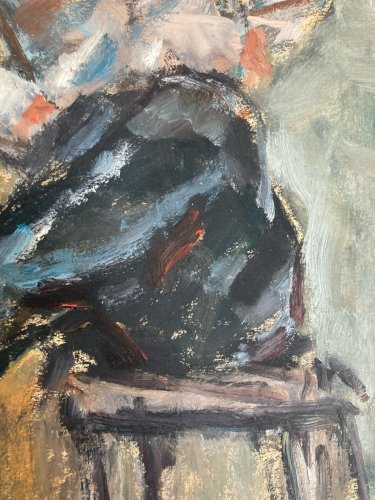 peinture Huile Portrait Femme Assis 1980 Art Tabouret Expressionnisme XXe