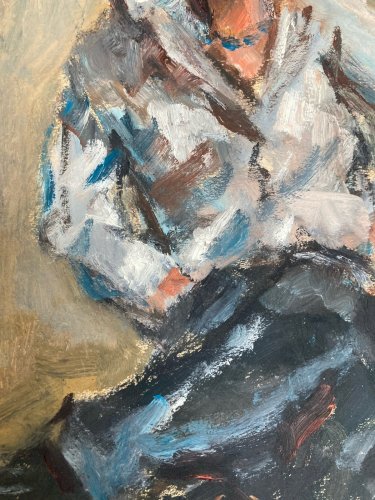 peinture Huile Portrait Femme Assis 1980 Art Tabouret Expressionnisme XXe