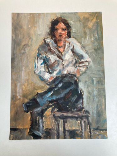 peinture Huile Portrait Femme Assis 1980 Art Tabouret Expressionnisme XXe