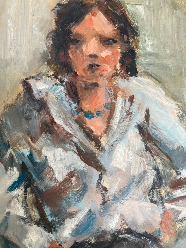 peinture Huile Portrait Femme Assis 1980 Art Tabouret Expressionnisme XXe
