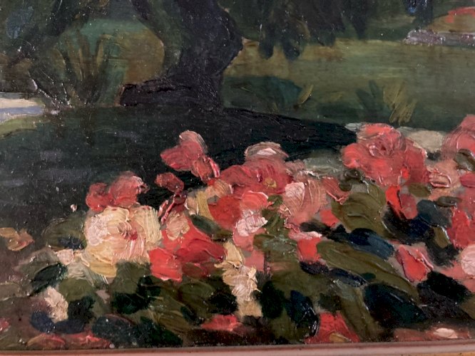 Peinture Huile Sur Bois 1960 Fleur Fleurs Arbre Jardin Nature Painting Paysage