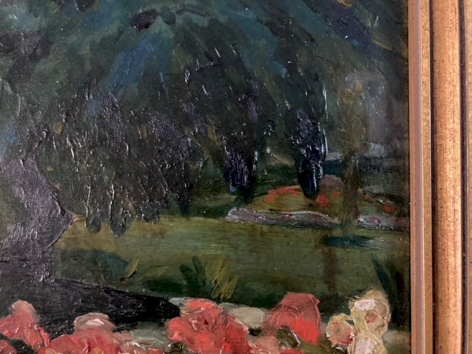 Peinture Huile Sur Bois 1960 Fleur Fleurs Arbre Jardin Nature Painting Paysage