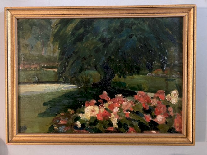 Peinture Huile Sur Bois 1960 Fleur Fleurs Arbre Jardin Nature Painting Paysage