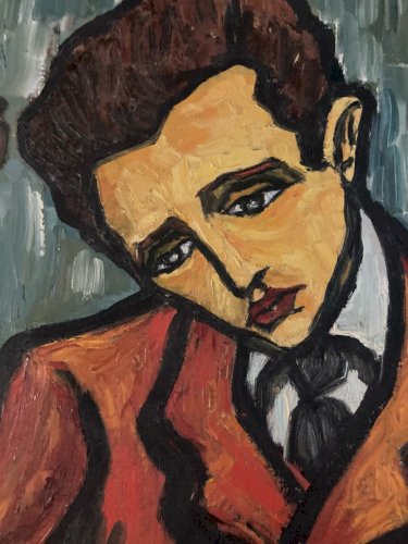 Peinture Huile Sur Carton 1960 Portrait Homme Expressionniste Art Painting Old