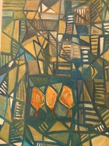 Peinture Huile Sur Papier Abstrait Abstraction 1980 Paysage Cubisme