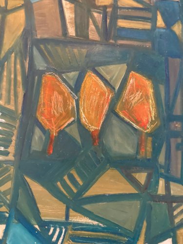 Peinture Huile Sur Papier Abstrait Abstraction 1980 Paysage Cubisme