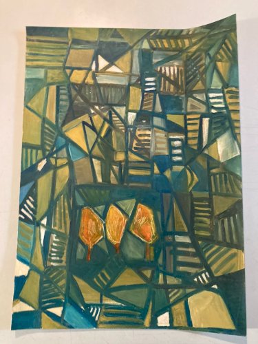 Peinture Huile Sur Papier Abstrait Abstraction 1980 Paysage Cubisme