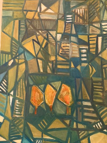 Peinture Huile Sur Papier Abstrait Abstraction 1980 Paysage Cubisme