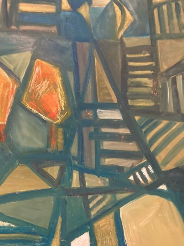 Peinture Huile Sur Papier Abstrait Abstraction 1980 Paysage Cubisme