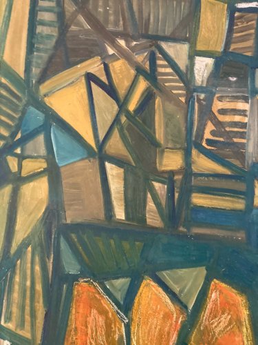 Peinture Huile Sur Papier Abstrait Abstraction 1980 Paysage Cubisme