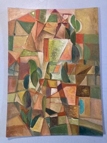 Peinture Huile Sur Papier Abstrait Abstraction 1990 Paysage Art Cubisme