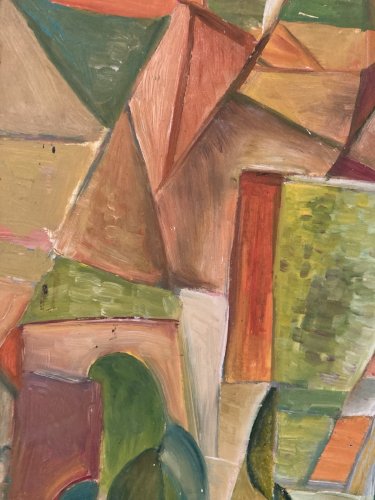 Peinture Huile Sur Papier Abstrait Abstraction 1990 Paysage Art Cubisme