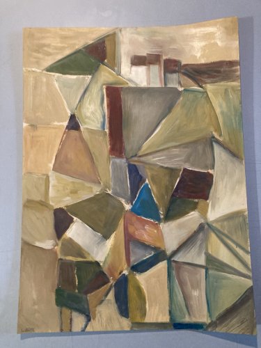 Peinture Huile Sur Papier Abstrait Abstraction 1990 Paysage Cubisme Art