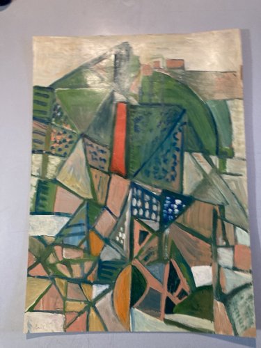 Peinture Huile Sur Papier Abstrait Abstraction 1990 Paysage Cubisme