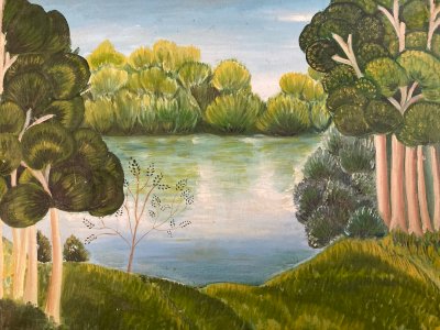 Peinture Huile Sur Toile Abram Topor 1980  Art Naïf Brut Forêt Lac Nature Arbre