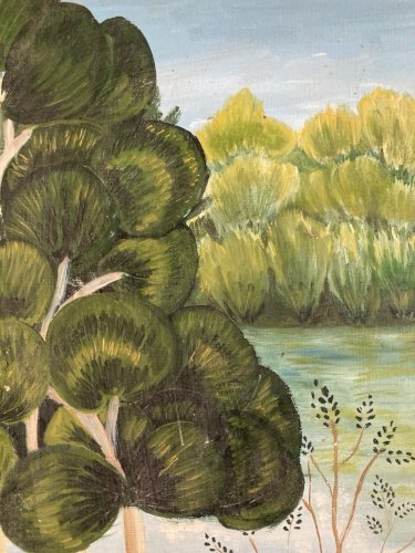 Peinture Huile Sur Toile Abram Topor 1980  Art Naïf Brut Forêt Lac Nature Arbre