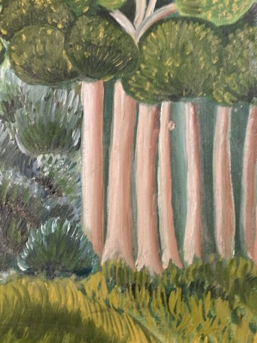 Peinture Huile Sur Toile Abram Topor 1980  Art Naïf Brut Forêt Lac Nature Arbre