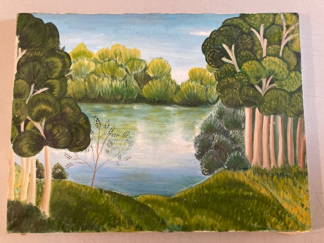 Peinture Huile Sur Toile Abram Topor 1980  Art Naïf Brut Forêt Lac Nature Arbre