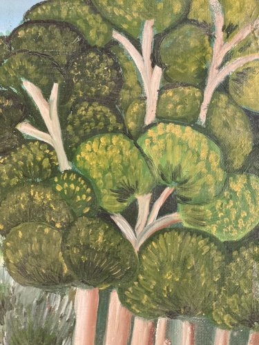 Peinture Huile Sur Toile Abram Topor 1980  Art Naïf Brut Forêt Lac Nature Arbre