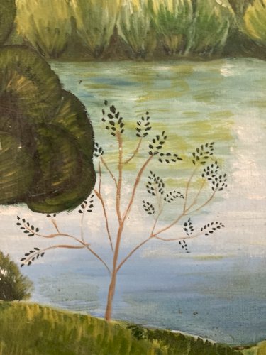 Peinture Huile Sur Toile Abram Topor 1980  Art Naïf Brut Forêt Lac Nature Arbre