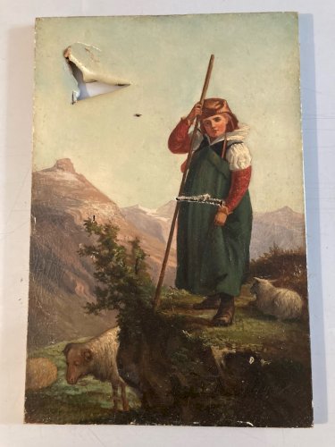 Peinture Huile sur Toile Berger Mouton XIXe 1850 Montagne Ancien Art