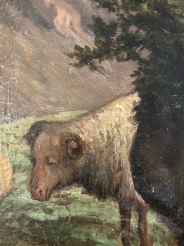 Peinture Huile sur Toile Berger Mouton XIXe 1850 Montagne Ancien Art
