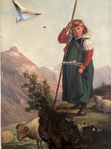 Peinture Huile sur Toile Berger Mouton XIXe 1850 Montagne Ancien Art