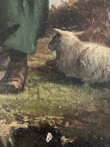 Peinture Huile sur Toile Berger Mouton XIXe 1850 Montagne Ancien Art
