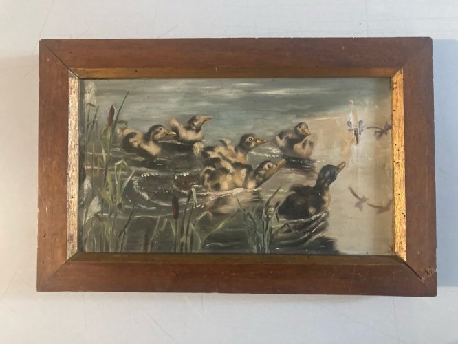 Peinture Huile Sur Toile Canard Lac Animal Animaux Nature 1920 Ancien Art