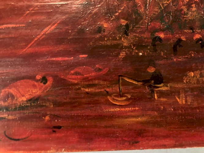 Peinture Huile Sur Toile École De Hanoï Hanoi Asie Mer Océan Bateau 1960