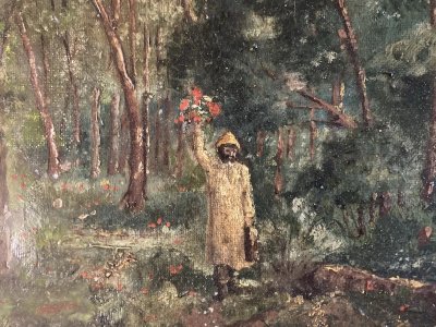 Peinture Huile Sur Toile Homme Bouquet Fleurs Curiosités Fleur 1900 Ancien