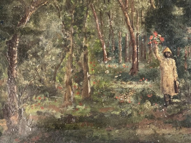 Peinture Huile Sur Toile Homme Bouquet Fleurs Curiosités Fleur 1900 Ancien