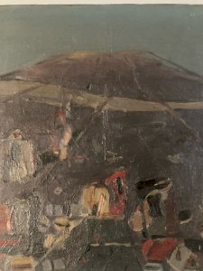 Peinture Huile Sur Toile Montagne Campement ? Art  Atelier 1979 AB A Identifier