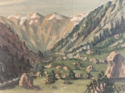 Peinture Huile Sur Toile Montagne Pyrénées ?Art  Atelier 1950 Paysage Rocher