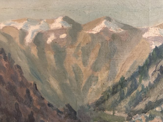 Peinture Huile Sur Toile Montagne Pyrénées ?Art  Atelier 1950 Paysage Rocher
