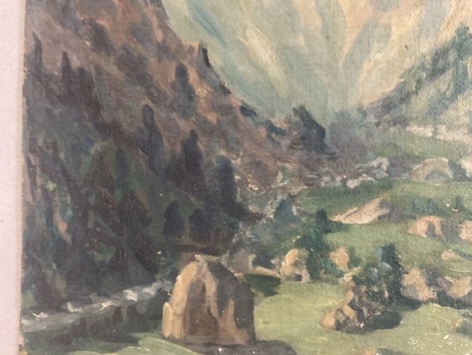 Peinture Huile Sur Toile Montagne Pyrénées ?Art  Atelier 1950 Paysage Rocher