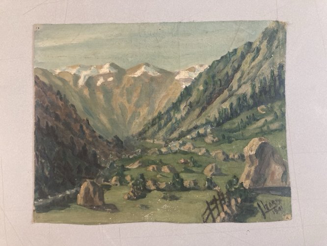 Peinture Huile Sur Toile Montagne Pyrénées ?Art  Atelier 1950 Paysage Rocher