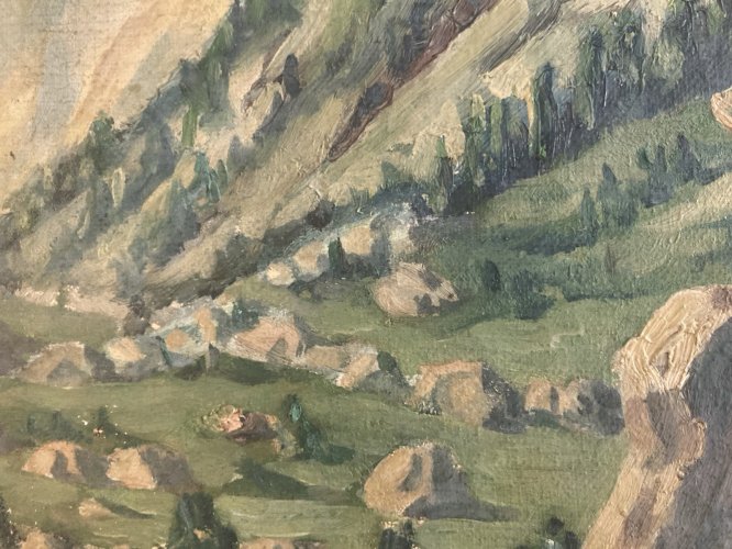 Peinture Huile Sur Toile Montagne Pyrénées ?Art  Atelier 1950 Paysage Rocher