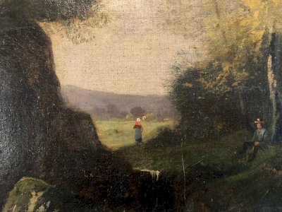Peinture Huile Sur Toile Paysan 1850 À Identifier Paysage XIXe Hst Ancien Art
