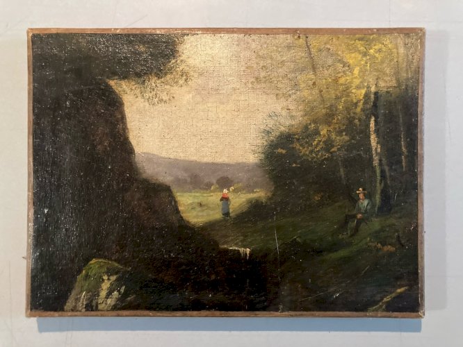 Peinture Huile Sur Toile Paysan 1850 À Identifier Paysage XIXe Hst Ancien Art