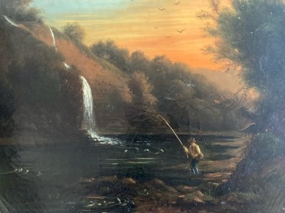 Oil Painting on Canvas Fishing Fisherman River to Identify Landscape 19th Century Antique