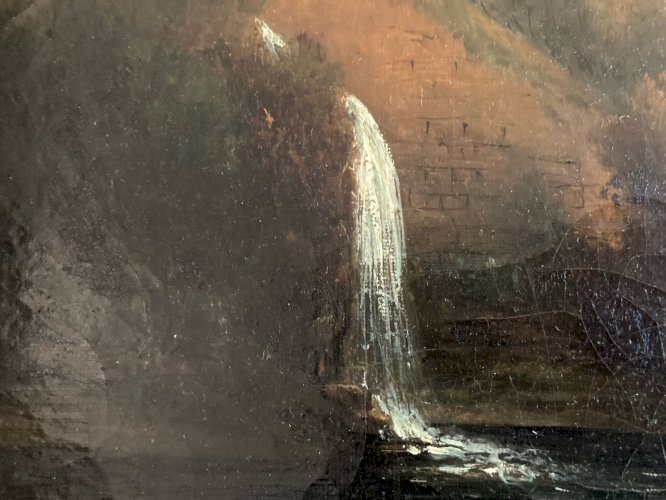 Peinture Huile Sur Toile Peche Pêcheur Rivière À Identifier Paysage XIXe Ancien