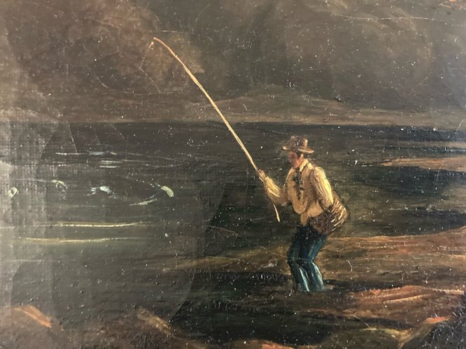 Peinture Huile Sur Toile Peche Pêcheur Rivière À Identifier Paysage XIXe Ancien